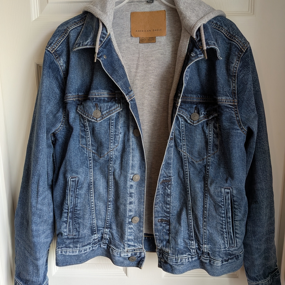 American Eagle Outfitters Denim Jacket in Blue with Gray Hood